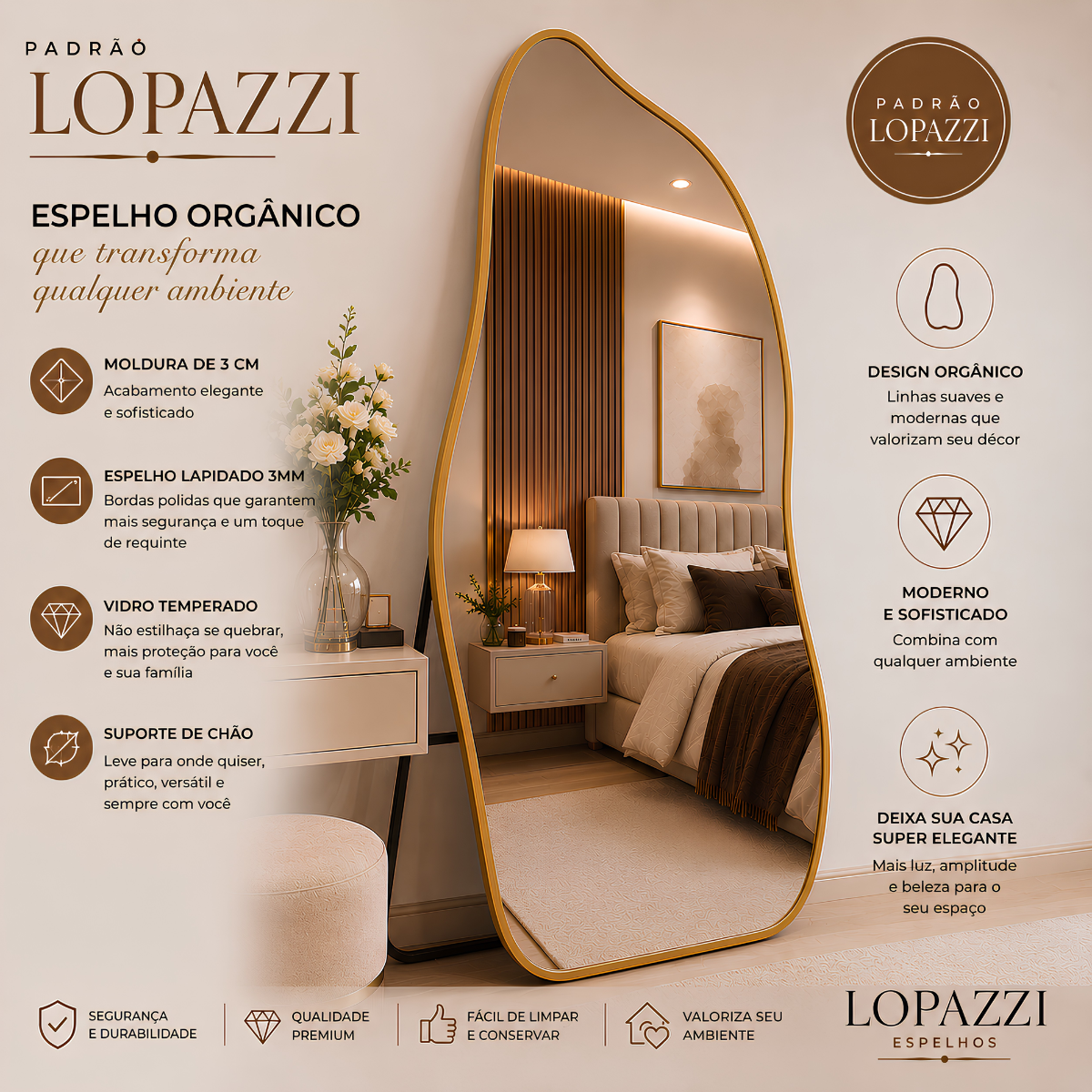 Espelho Lopazzi Orgânico Pinterest Grande Corpo Inteiro com Suporte de Chão 170X70cm para Quarto Sala Provador Hall
