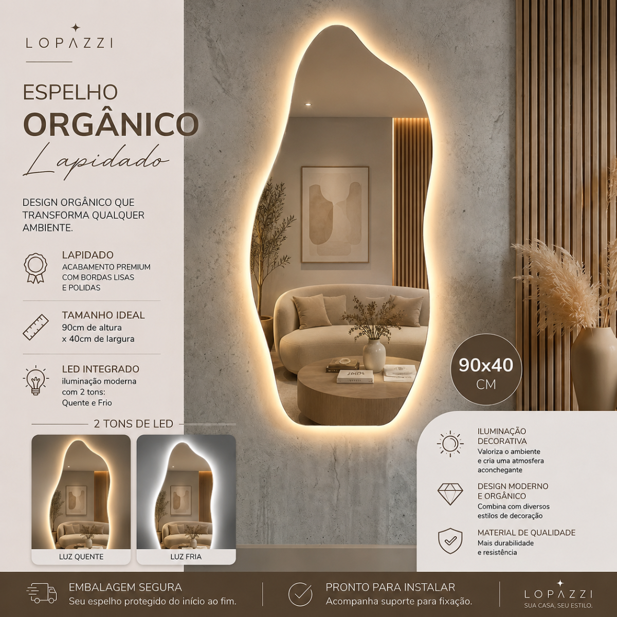 Espelho Orgânico Magnus com 2 Tonalidades de Led ( Quente e Frio) 90x40cm