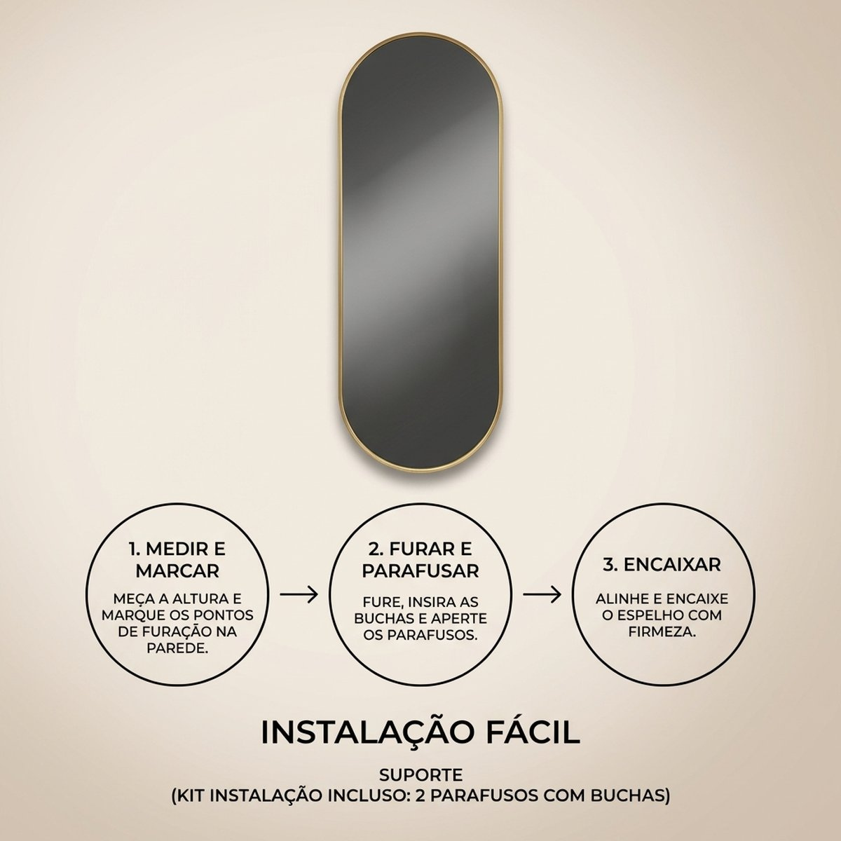 Espelho Grande Oval Corpo Inteiro 90X50cm com Moldura de Alumínio para Closet Sala Quarto Hall