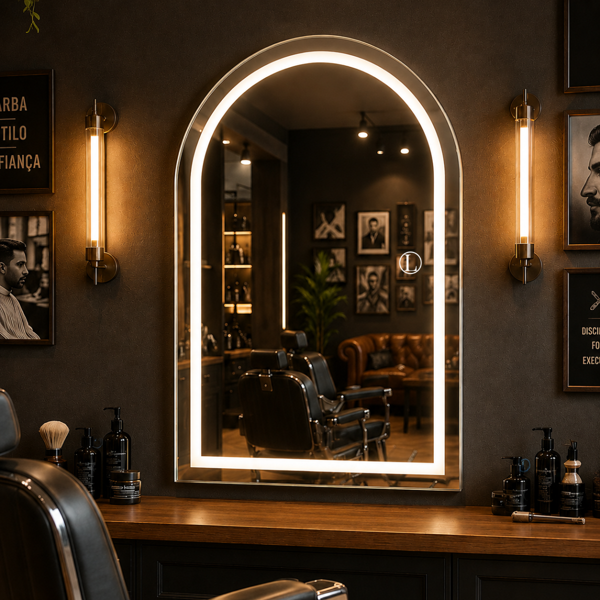 Espelho Arcos Base Reta 90x60cm com 3 Tonalidades de Led Jateado(Quente, Neutro e Frio)