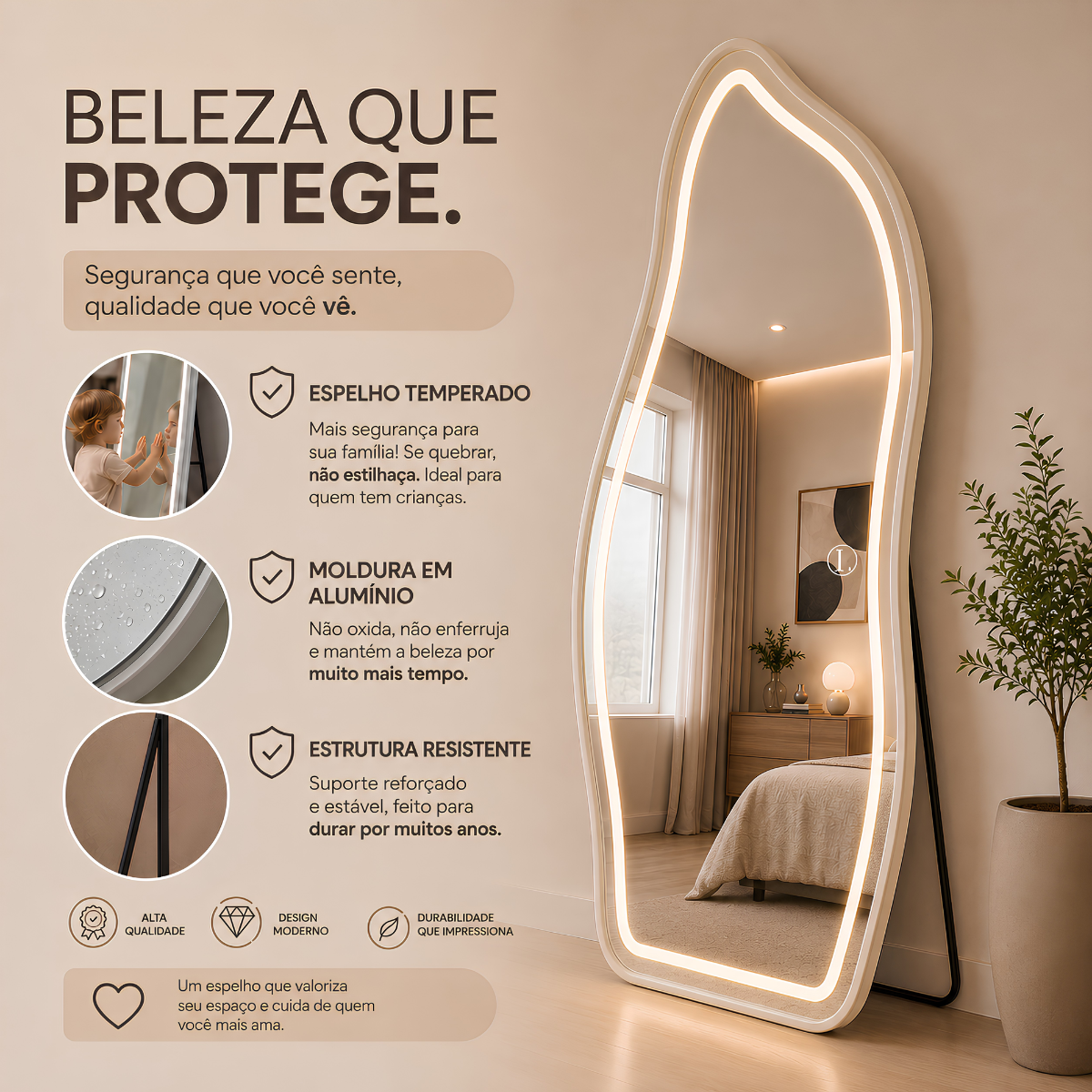 Espelho Temperado Lopazzi Orgânico 170X70cm com Suporte de Chão + LED 3 Intensidades Jateado Quarto Sala Hall Provador