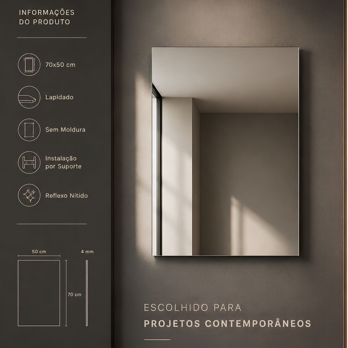 Espelho Retangular Clássico 70x50 Lapidado Sem Moldura Decorativo