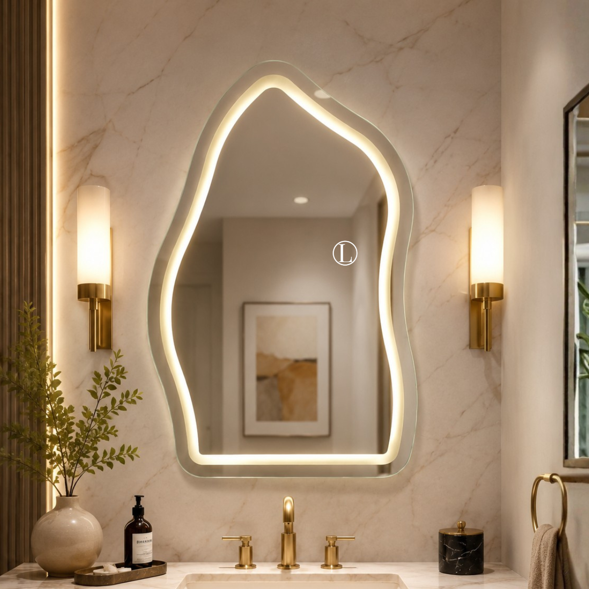 Espelho Orgânico Magnus 90x60cm Com Led Jateado de 3 Tonalidades (Quente, Neutro e Frio)