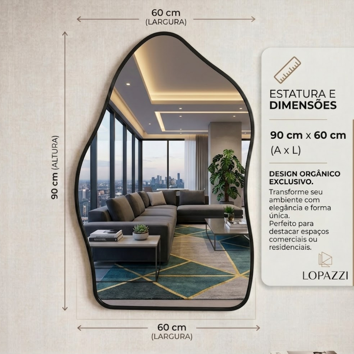 Espelho Decorativo Orgânico com Moldura 70x50cm