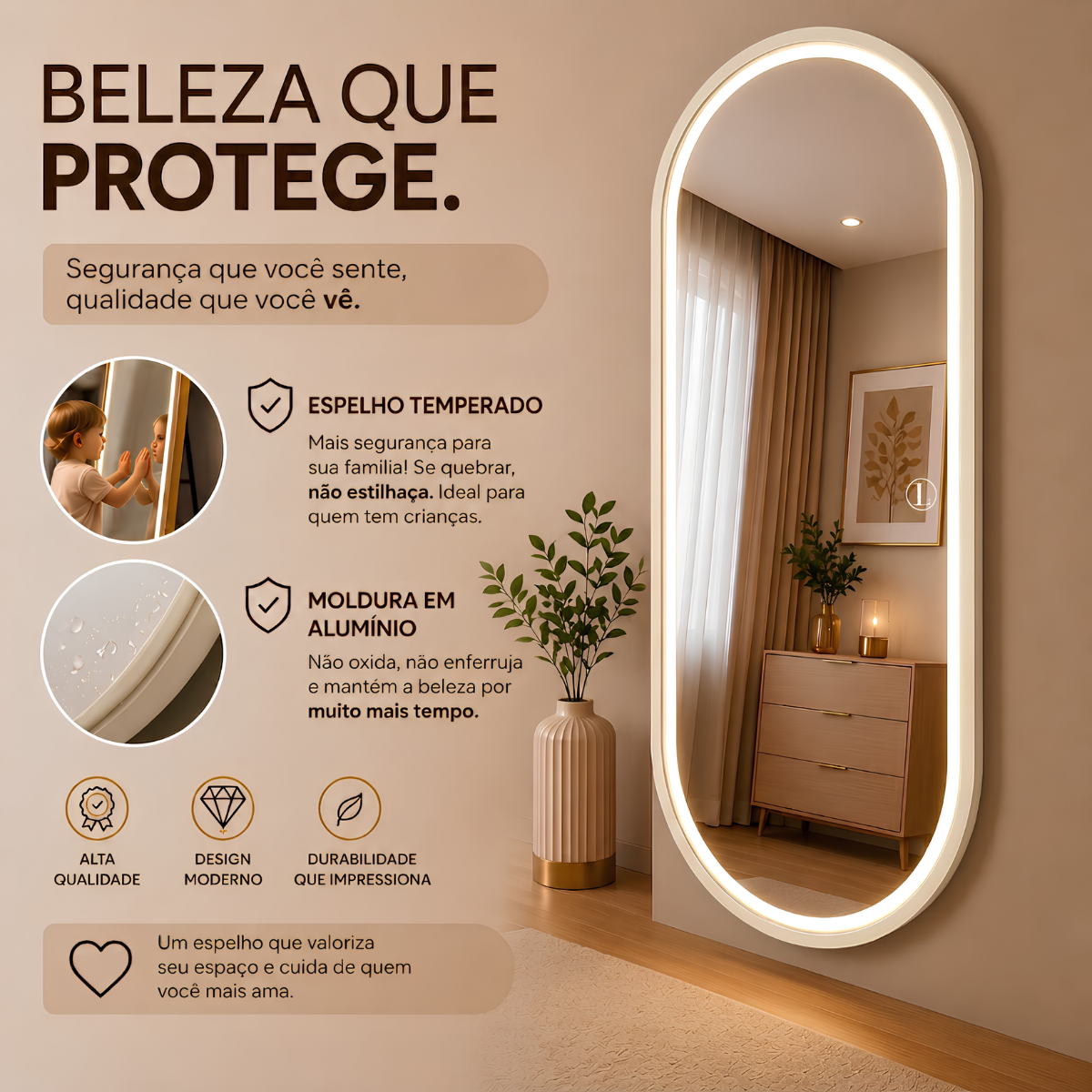 Espelho Temperado Lopazzi Oval 170X70cm para parede + LED 3 Intensidades Jateado Quarto Sala Hall Provador