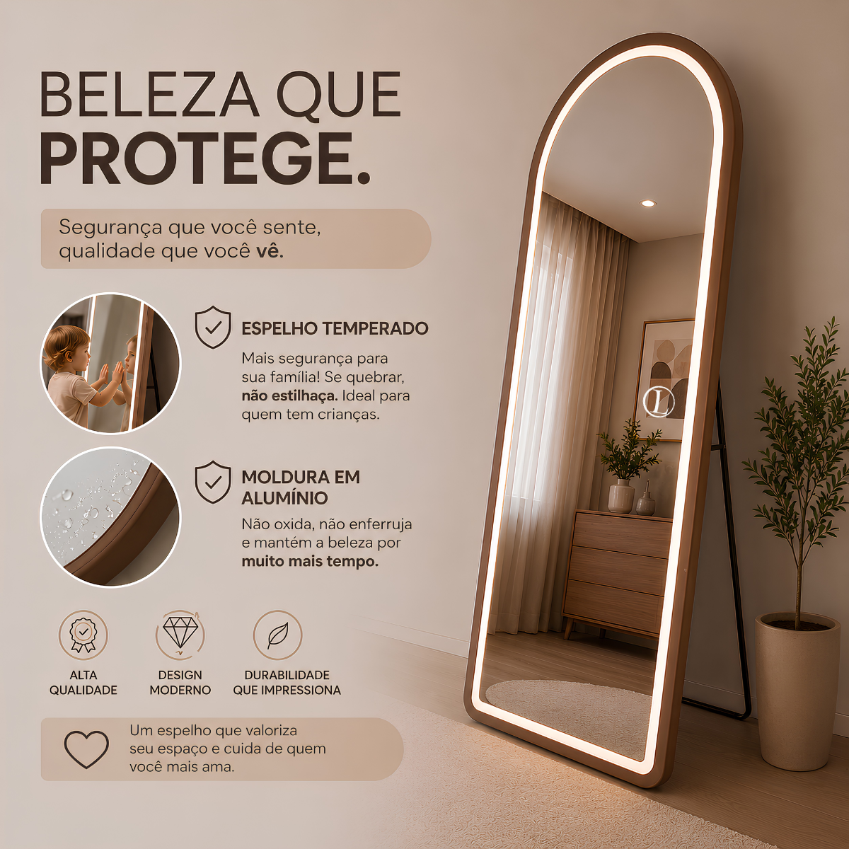 Espelho Temperado Lopazzi Arcos Base Reta 170X70cm com Suporte de Chão + LED 3 Intensidades Jateado Quarto Sala Hall Provador