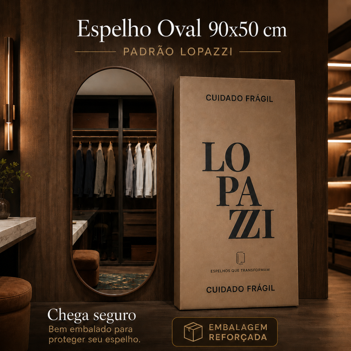 Espelho Grande Oval Corpo Inteiro 90X50cm com Moldura de Alumínio para Closet Sala Quarto Hall