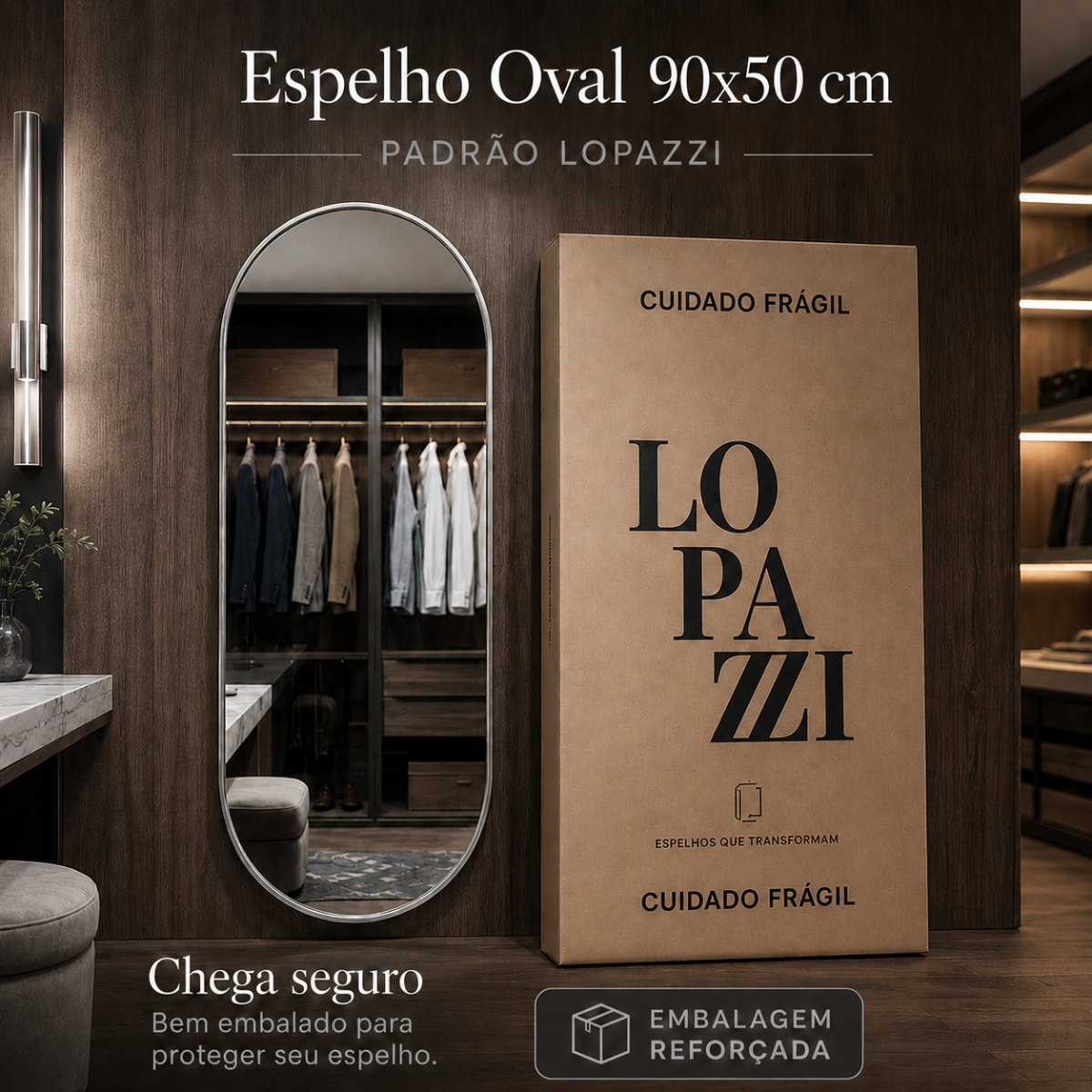 Espelho Grande Oval Corpo Inteiro 90X50cm com Moldura de Alumínio para Closet Sala Quarto Hall