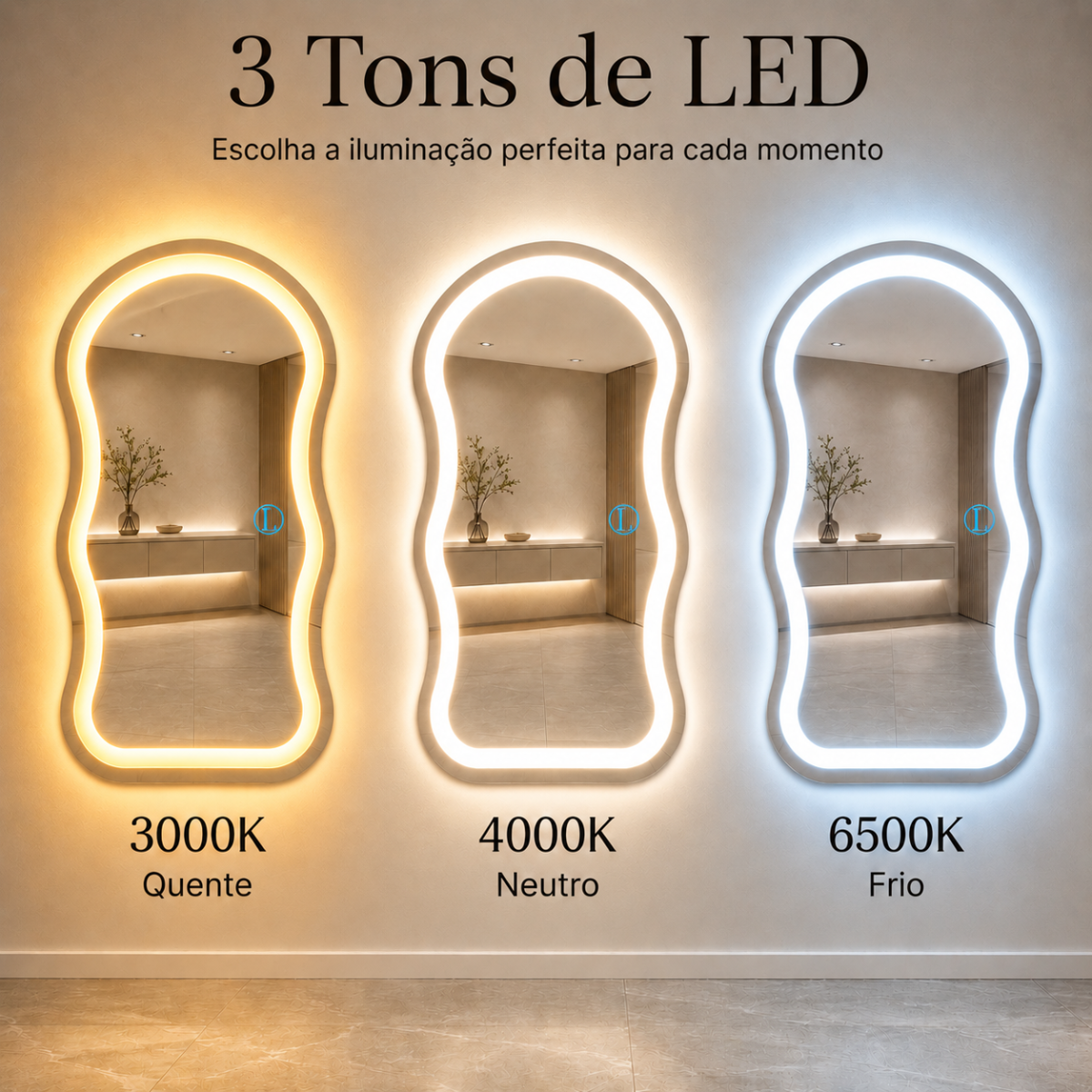 Espelho Orgânico Aura 90x60 com 3 Tonalidades de Led Jateado (Quente, Neutro e Frio)