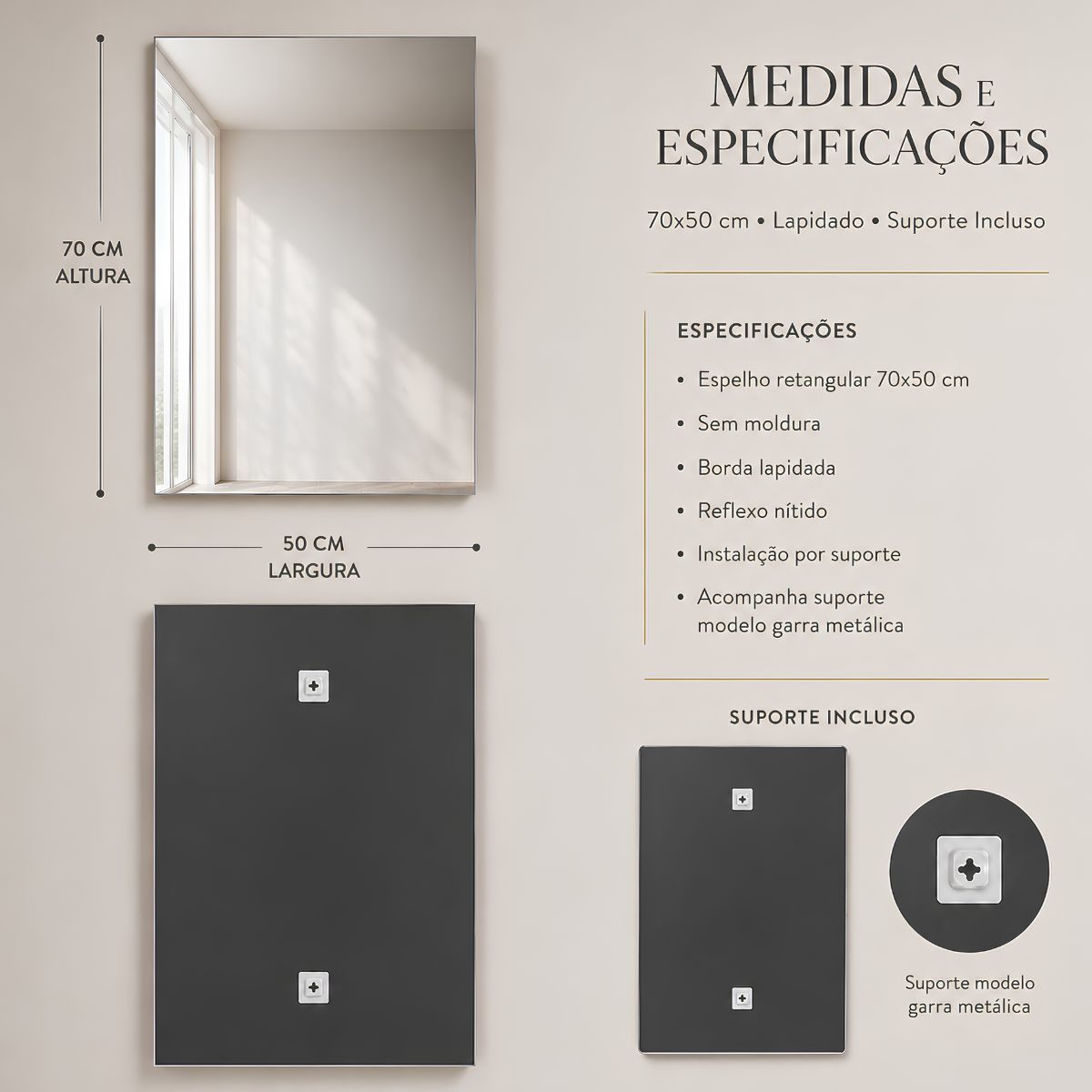 Espelho Retangular Clássico 70x50 Lapidado Sem Moldura Decorativo