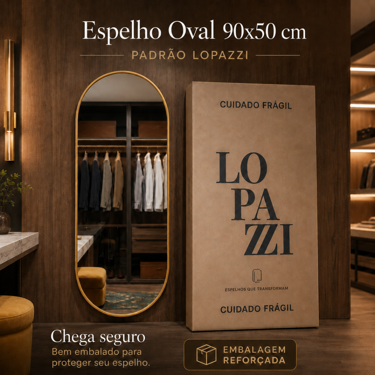 Espelho Grande Oval Corpo Inteiro 90X50cm com Moldura de Alumínio para Closet Sala Quarto Hall