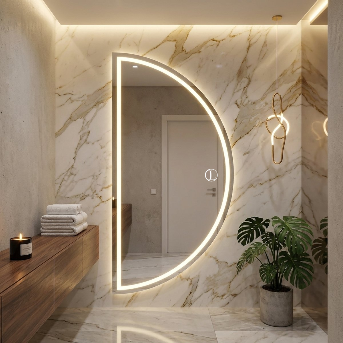 Espelho Meia Lua Polido Com Led Jateado 170x70 3 Tonalidades de Led (Quente, Neutro e Frio)