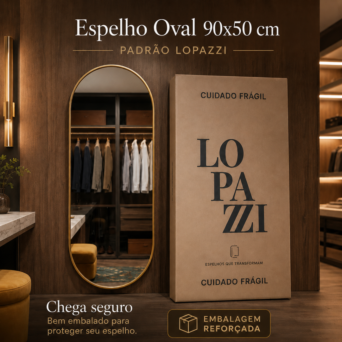 Espelho Grande Oval Corpo Inteiro 90X50cm com Moldura de Alumínio para Closet Sala Quarto Hall