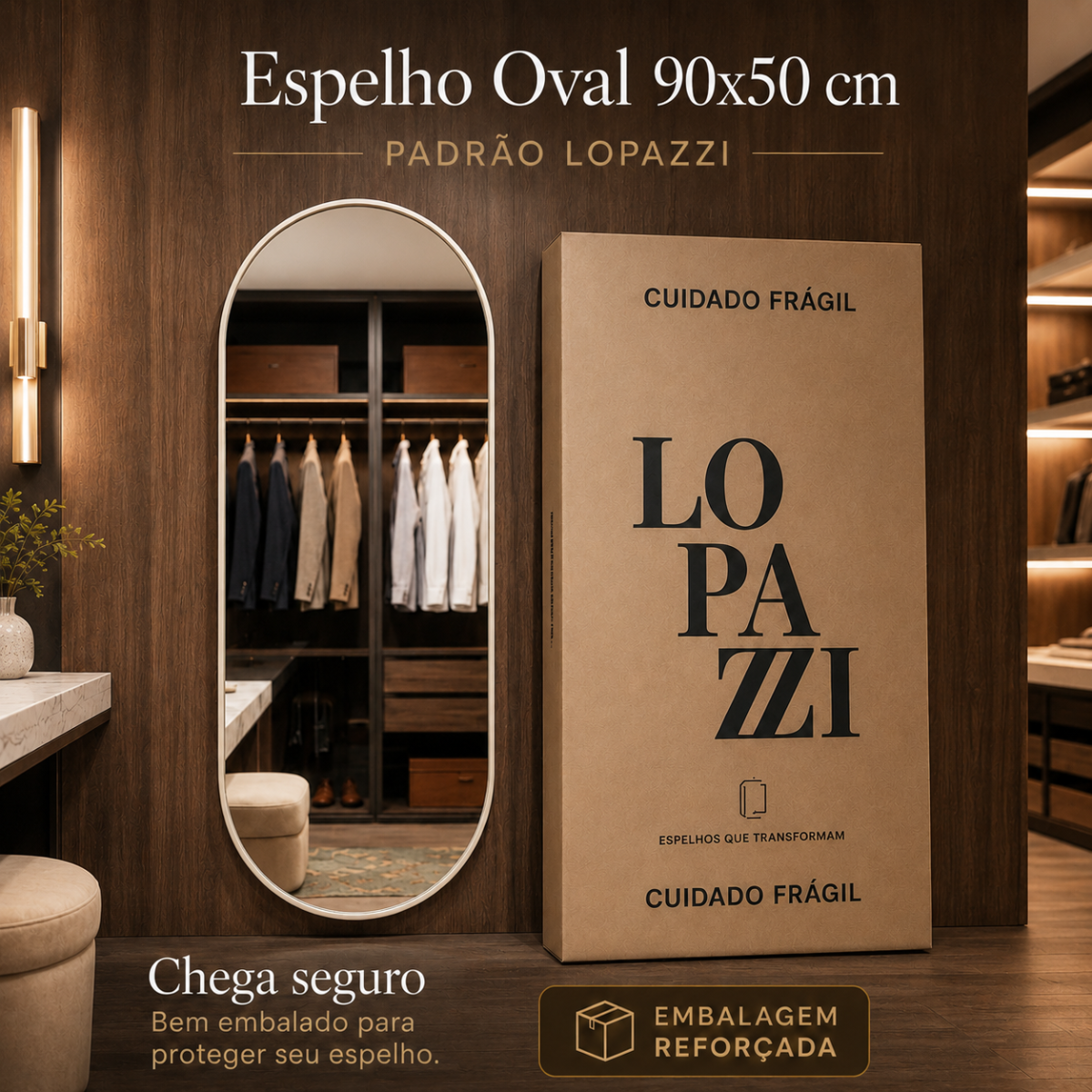 Espelho Grande Oval Corpo Inteiro 90X50cm com Moldura de Alumínio para Closet Sala Quarto Hall