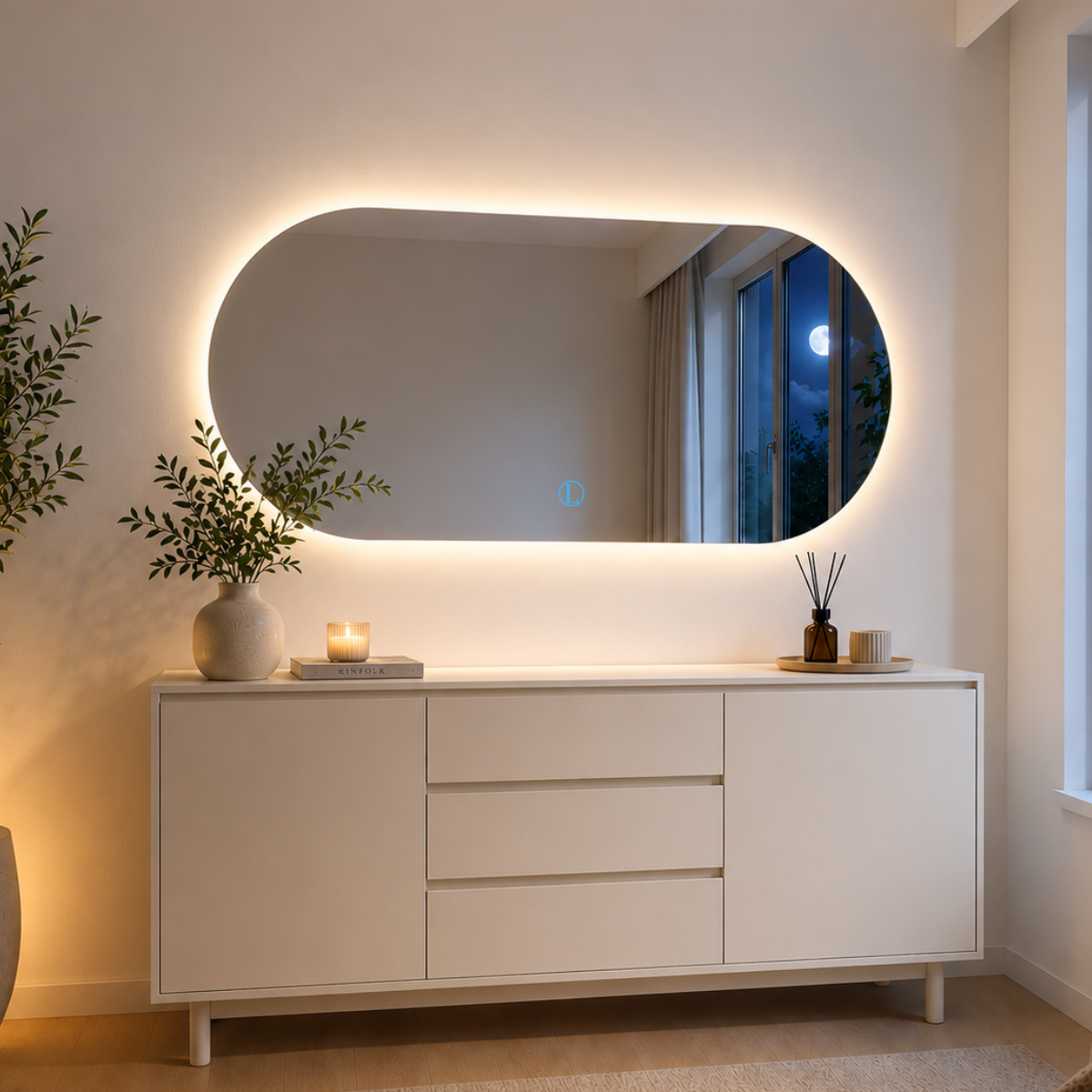 Espelho Solis Oval Polido 90x40cm com 3 Tonalidades de Led (Quente, Neutro e Frio)
