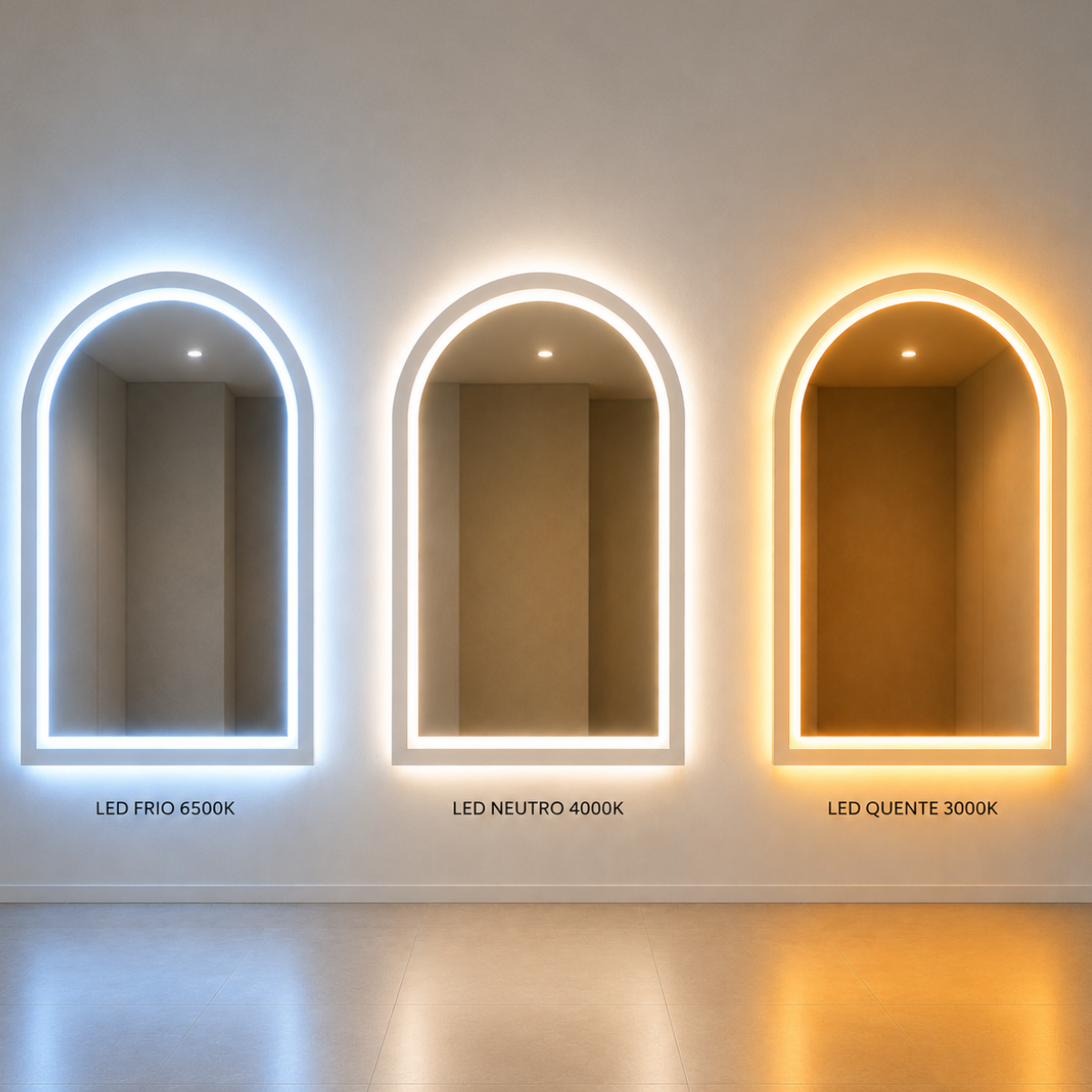 Espelho Arcos Base Reta 90x60cm com 3 Tonalidades de Led Jateado(Quente, Neutro e Frio)
