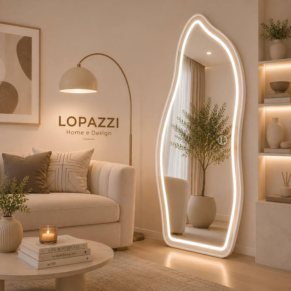 Espelho Temperado Lopazzi Orgânico 170X70cm com Suporte de Chão + LED 3 Intensidades Jateado Quarto Sala Hall Provador