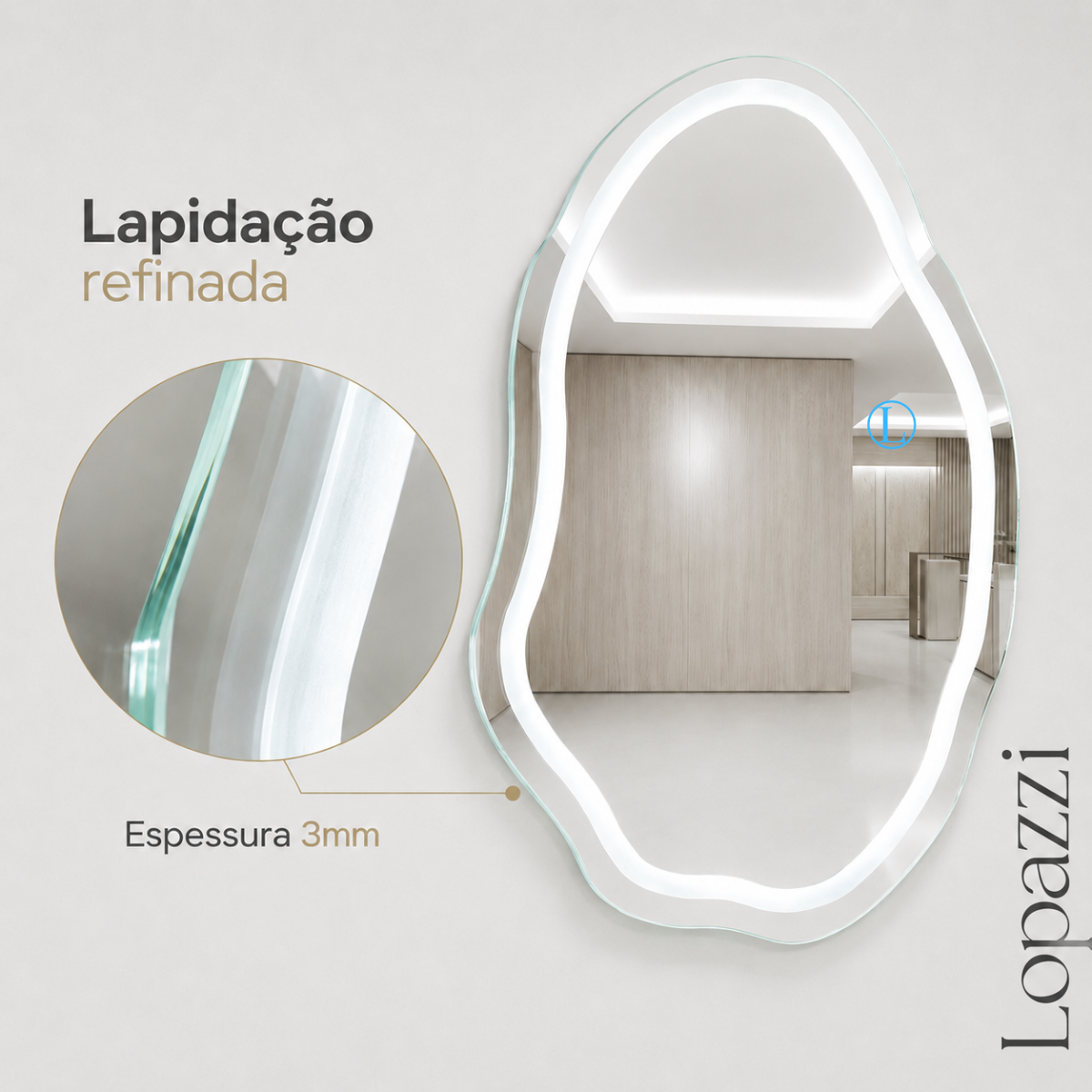 Espelho Orgânico Venus 90x60 com 3 Tonalidades de Led Jateado (Quente, Neutro e Frio)