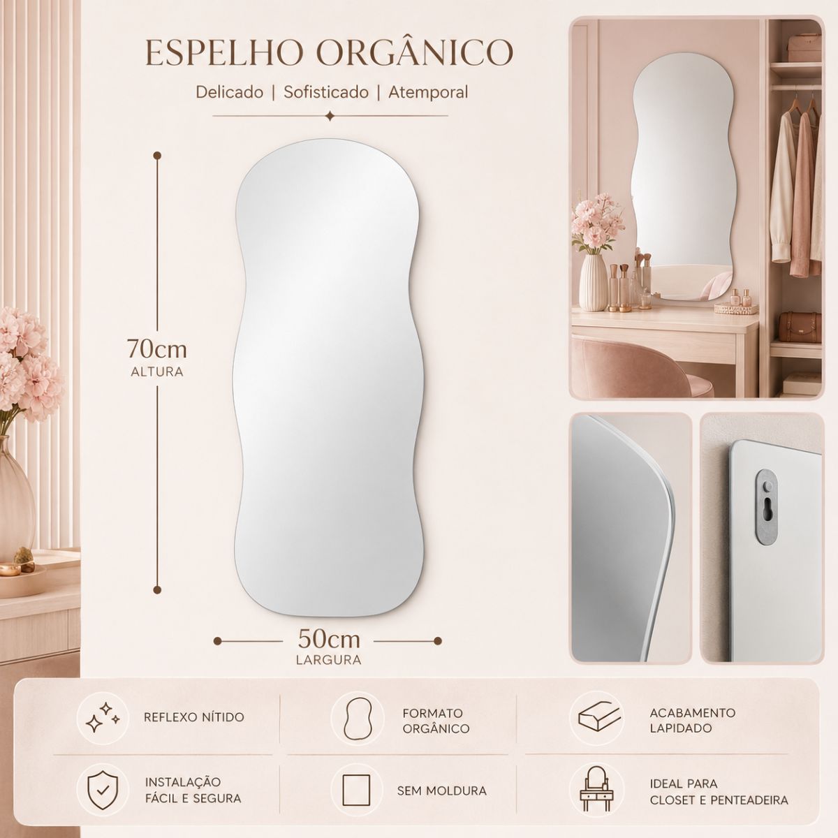 Espelho Decorativo Aura 70x50 cm Lapidado Lopazzi Sem Moldura