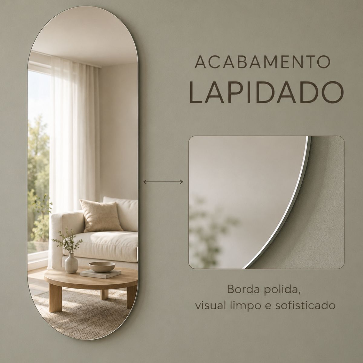 Espelho Decorativo Oval 90x40 cm Lapidado Lopazzi Sem Moldura