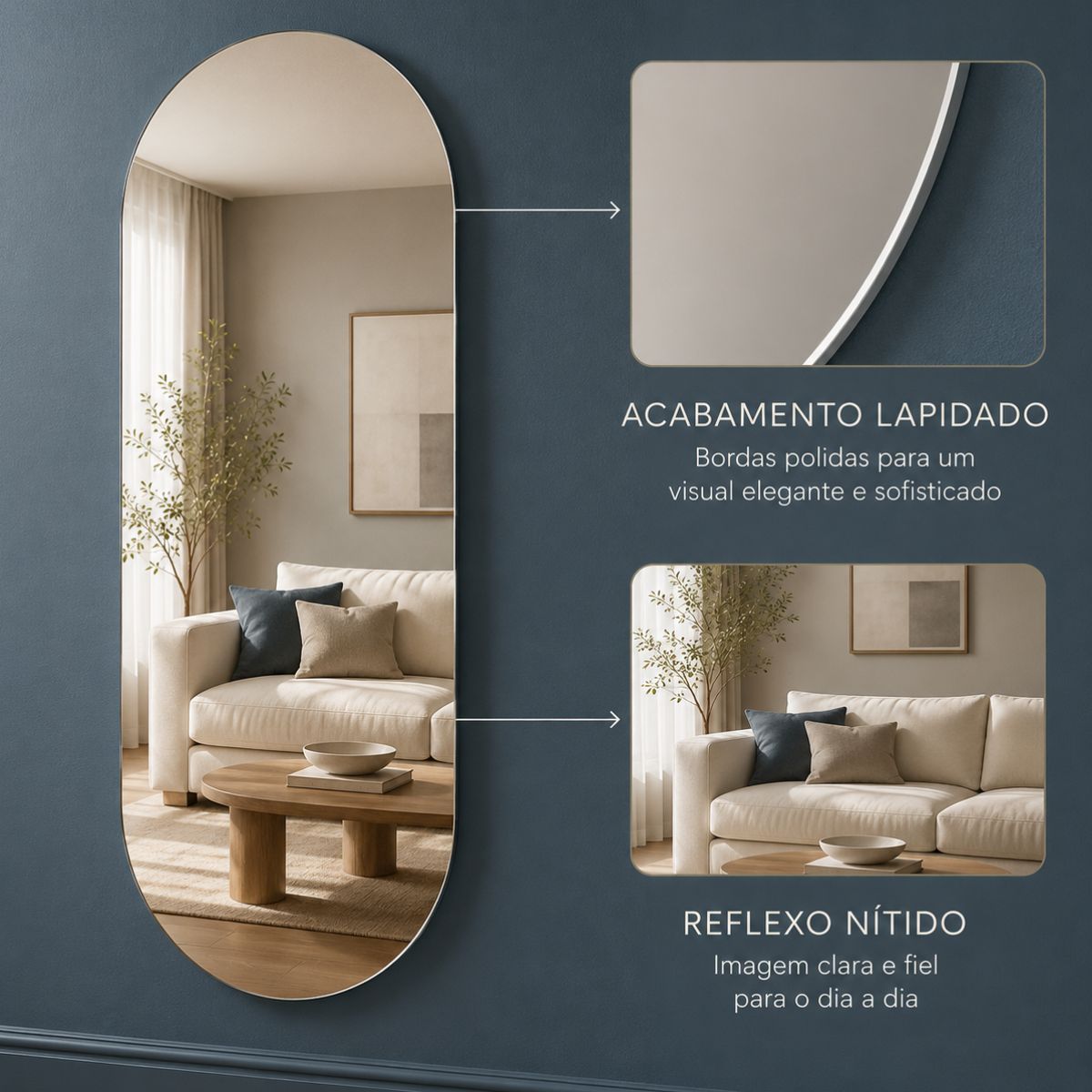 Espelho Decorativo Oval 90x40 cm Lapidado Lopazzi Sem Moldura