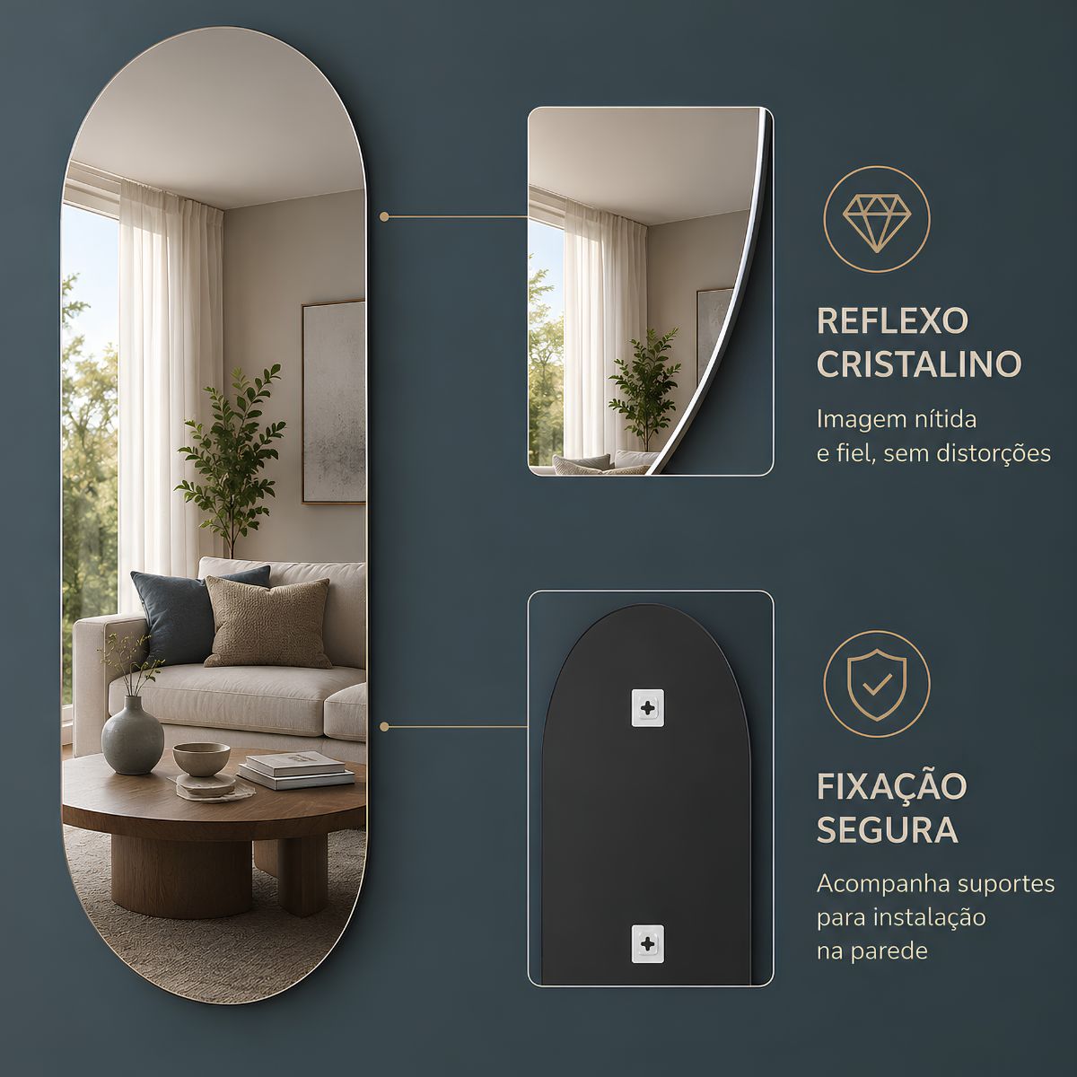 Espelho Decorativo Oval 90x40 cm Lapidado Lopazzi Sem Moldura