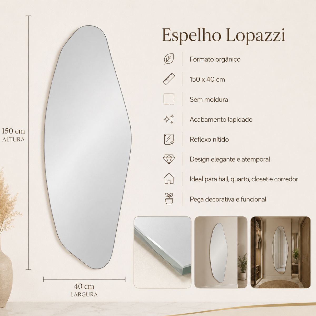 Espelho Decorativo Brisa 150x40 cm Lapidado Lopazzi Sem Moldura