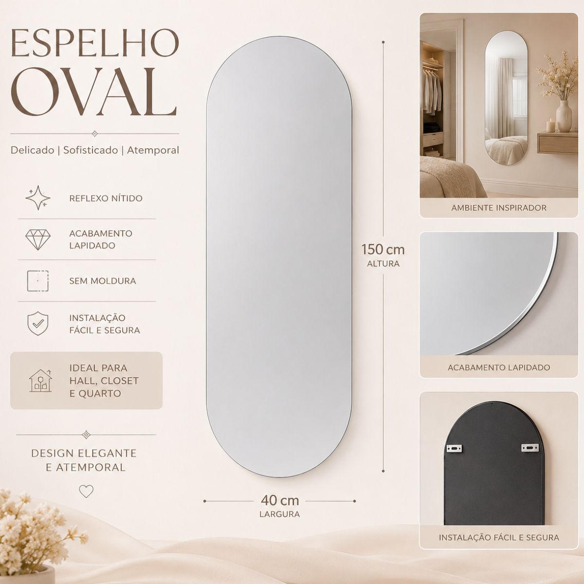 Espelho Decorativo Oval 150x40 cm Lapidado Lopazzi Sem Moldura