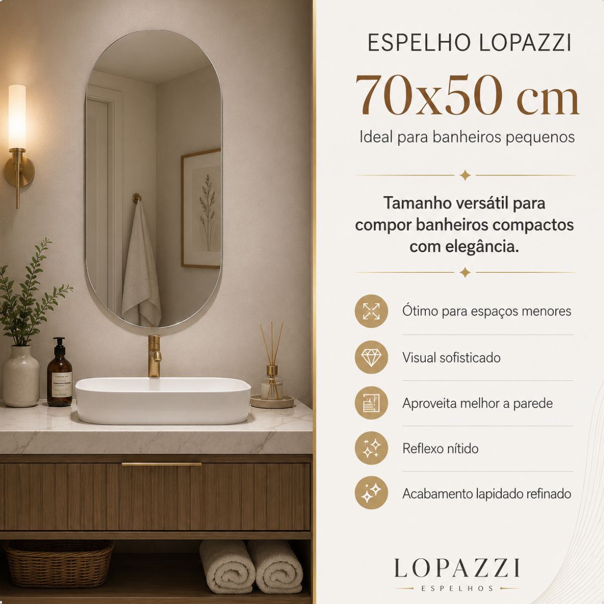 Espelho Decorativo Oval 70x50 cm Lapidado Lopazzi Sem Moldura